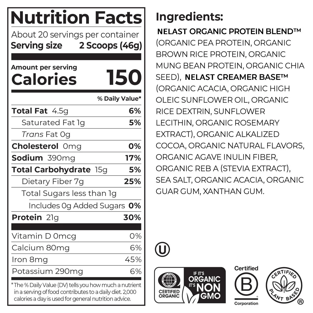 NELAST® Organic Protein™ Plant Based Protein Powder - Creamy Chocolate Fudge