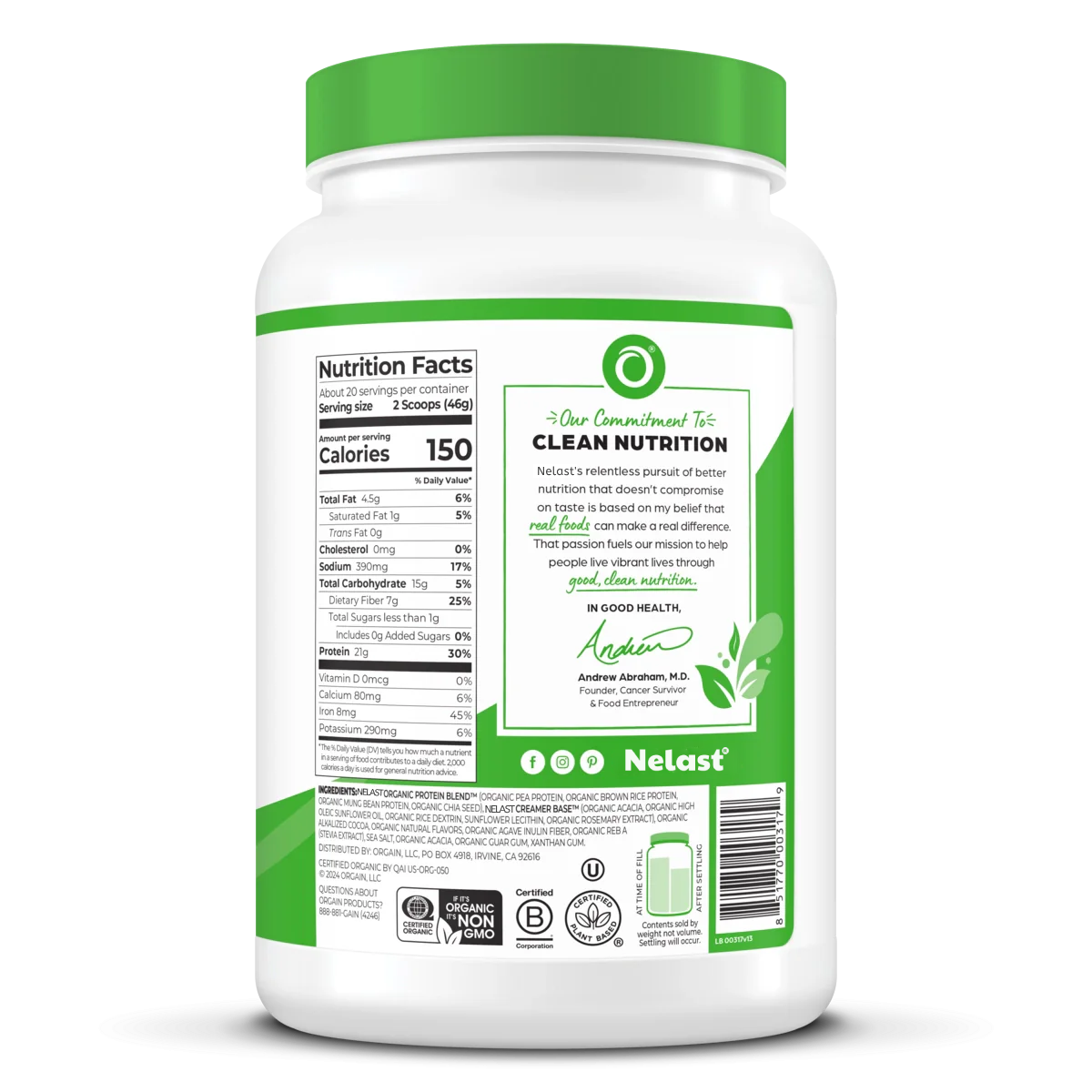 NELAST® Organic Protein™ Plant Based Protein Powder - Creamy Chocolate Fudge