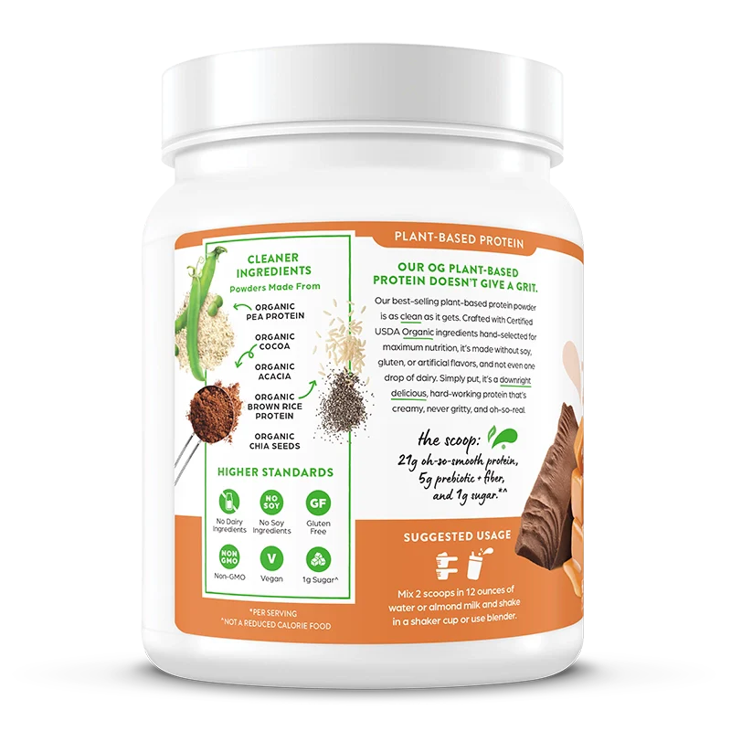 Left side of Organic Protein Plant Based Protein Powder - Chocolate Caramel Sea Salt Flavor in the 1.02lb Canister Size