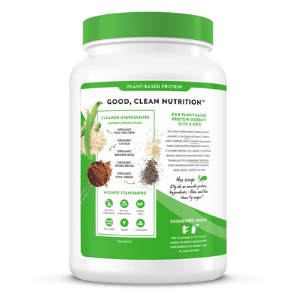 left side of Organic Protein Plant Based Protein powder in creamy chocolate fudge flavor 2lb size