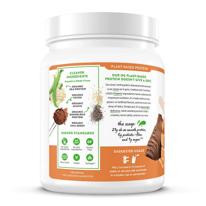 Left side of Organic Protein Plant Based Protein Powder - Chocolate Caramel Sea Salt  Flavor in the 1.02lb Canister Size